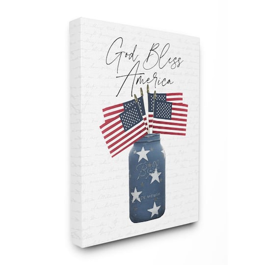 Stupell Industries Patriotic God Bless America Country Quote Jar Flags Canvas Wall Art